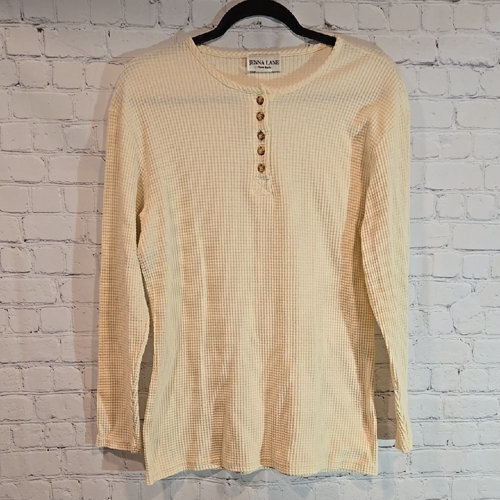 Jenna Lane cream waffle knit henley size L